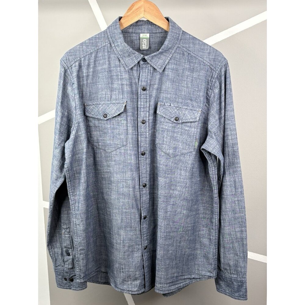 Stio Men’s Large Ashton Chambray Snap Shirt Western Rodeo Outdoors Pockets